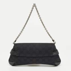 Pre Owned Gucci Black GG Canvas and Leather Horsebit Chain Clutch