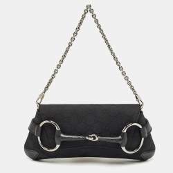 Pre Owned Gucci Black GG Canvas and Leather Horsebit Chain Clutch