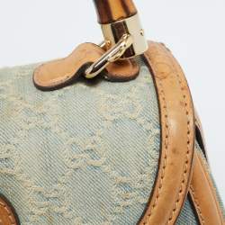 Pre Owned Gucci Light Blue/Beige GG Canvas and Leather Bamboo Top Handle Bag