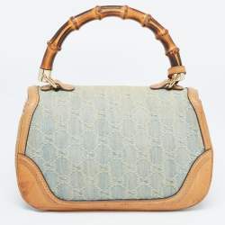 Pre Owned Gucci Light Blue/Beige GG Canvas and Leather Bamboo Top Handle Bag