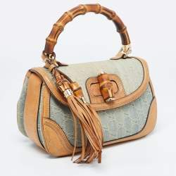 Pre Owned Gucci Light Blue/Beige GG Canvas and Leather Bamboo Top Handle Bag