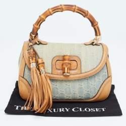 Pre Owned Gucci Light Blue/Beige GG Canvas and Leather Bamboo Top Handle Bag