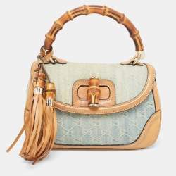 Pre Owned Gucci Light Blue/Beige GG Canvas and Leather Bamboo Top Handle Bag