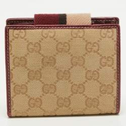 Gucci Beige/Burgundy GG Canvas and Leather Web Flap French Wallet
