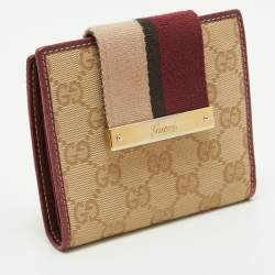 Gucci Beige/Burgundy GG Canvas and Leather Web Flap French Wallet
