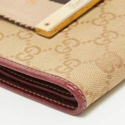 Gucci Beige/Burgundy GG Canvas and Leather Web Flap French Wallet