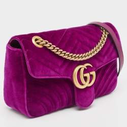Pre Owned Gucci Purple Matelassé Velvet Small GG Marmont Shoulder Bag