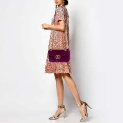 Pre Owned Gucci Purple Matelassé Velvet Small GG Marmont Shoulder Bag