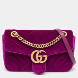 Pre Owned Gucci Purple Matelassé Velvet Small GG Marmont Shoulder Bag