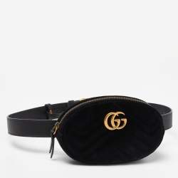 Pre Owned Gucci Black Matelassé Velvet and Leather Mini GG Marmont Belt Bag