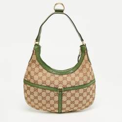 Pre Owned Gucci Green/Beige GG Canvas and Leather Reins Hobo