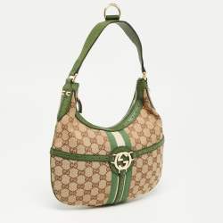 Pre Owned Gucci Green/Beige GG Canvas and Leather Reins Hobo
