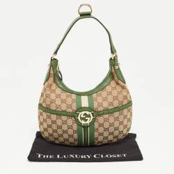 Pre Owned Gucci Green/Beige GG Canvas and Leather Reins Hobo