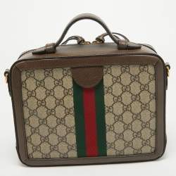 Pre Owned Gucci Beige/Ebony GG Supreme Canvas and Leather Small Ophidia Top Handle Bag
