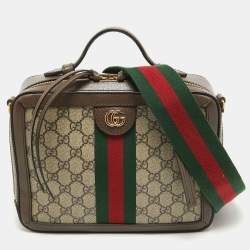 Pre Owned Gucci Beige/Ebony GG Supreme Canvas and Leather Small Ophidia Top Handle Bag