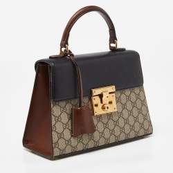 Pre Owned Gucci  Beige/Black GG Supreme Canvas and Leather Small Padlock Top Handle Bag