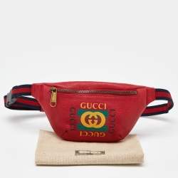 Pre Owned Gucci Red Leather Logo Web Belt Bag