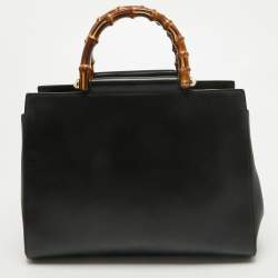 مملوكة مسبقًا Gucci Black Leather Bamboo Nymphaea Tote