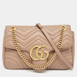 Pre Owned Gucci Beige Matelassé Leather Medium GG Marmont Shoulder Bag