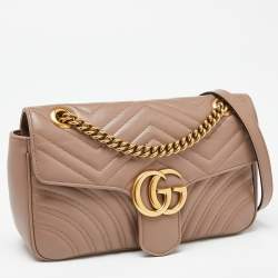 Pre Owned Gucci Beige Matelassé Leather Small GG Marmont Shoulder Bag