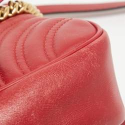 Pre Owned Gucci Red Matelassé Leather Mini GG Marmont Shoulder Bag