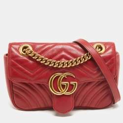 Pre Owned Gucci Red Matelassé Leather Mini GG Marmont Shoulder Bag