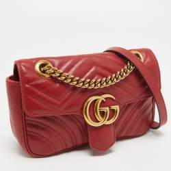 Pre Owned Gucci Red Matelassé Leather Mini GG Marmont Shoulder Bag