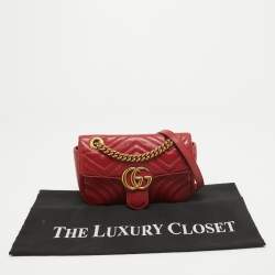 Pre Owned Gucci Red Matelassé Leather Mini GG Marmont Shoulder Bag