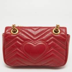 Pre Owned Gucci Red Matelassé Leather Mini GG Marmont Shoulder Bag