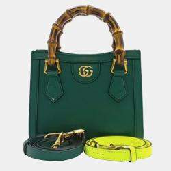 Gucci Green/Neon Yellow Leather Diana Bamboo Tote Bag