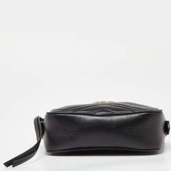 Pre Owned Gucci Black Matelassé Leather Small GG Marmont Camera Bag