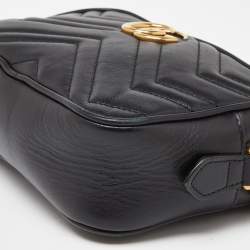 Pre Owned Gucci Black Matelassé Leather Small GG Marmont Camera Bag