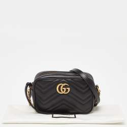 Pre Owned Gucci Black Matelassé Leather Small GG Marmont Camera Bag