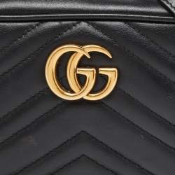 Pre Owned Gucci Black Matelassé Leather Small GG Marmont Camera Bag