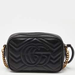 Pre Owned Gucci Black Matelassé Leather Small GG Marmont Camera Bag