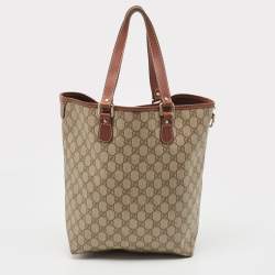 Pre Owned Gucci Brown/Beige GG Supreme Canvas and Leather Shopper Tote