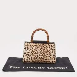 Pre Owned Gucci Beige/Black Leopard Print Calfhair and Leather Mini Nymphaea Bamboo Top Handle Bag