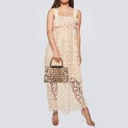 Pre Owned Gucci Beige/Black Leopard Print Calfhair and Leather Mini Nymphaea Bamboo Top Handle Bag