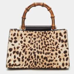 Pre Owned Gucci Beige/Black Leopard Print Calfhair and Leather Mini Nymphaea Bamboo Top Handle Bag