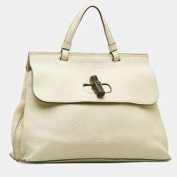 Gucci White Leather Medium Bamboo Daily Top Handle Handbag