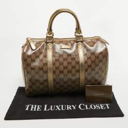 Pre Owned Gucci Gold/Beige GG Crystal Canvas and Leather Medium Joy Boston Bag