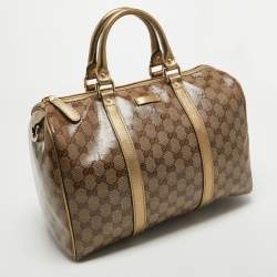 Pre Owned Gucci Gold/Beige GG Crystal Canvas and Leather Medium Joy Boston Bag