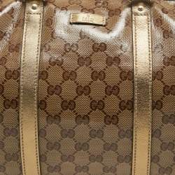 Pre Owned Gucci Gold/Beige GG Crystal Canvas and Leather Medium Joy Boston Bag