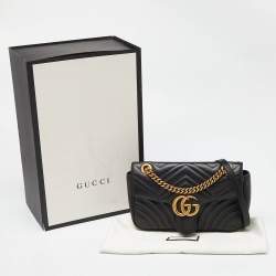 Pre Owned Gucci Black Matelassé Leather Small GG Marmont Shoulder Bag