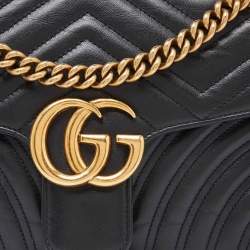 Pre Owned Gucci Black Matelassé Leather Small GG Marmont Shoulder Bag