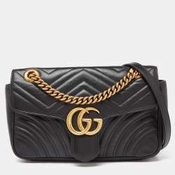 Pre Owned Gucci Black Matelassé Leather Small GG Marmont Shoulder Bag