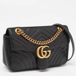 Pre Owned Gucci Black Matelassé Leather Small GG Marmont Shoulder Bag