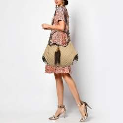 Pre Owned Gucci Beige/Dark Brown GG Canvas and Leather/Mink Fur Large Babouska Indy Hobo