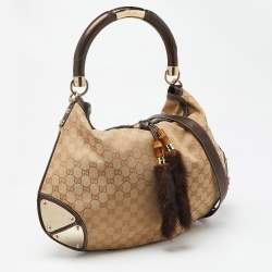 Pre Owned Gucci Beige/Dark Brown GG Canvas and Leather/Mink Fur Large Babouska Indy Hobo
