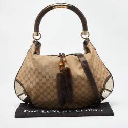 Pre Owned Gucci Beige/Dark Brown GG Canvas and Leather/Mink Fur Large Babouska Indy Hobo
